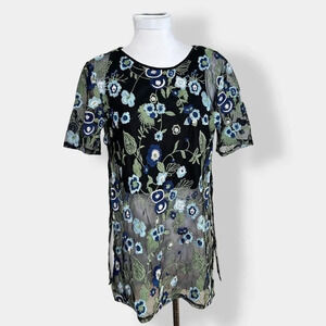 BCBGeneration Embroidered Black Floral Semi Sheer‎ Top M